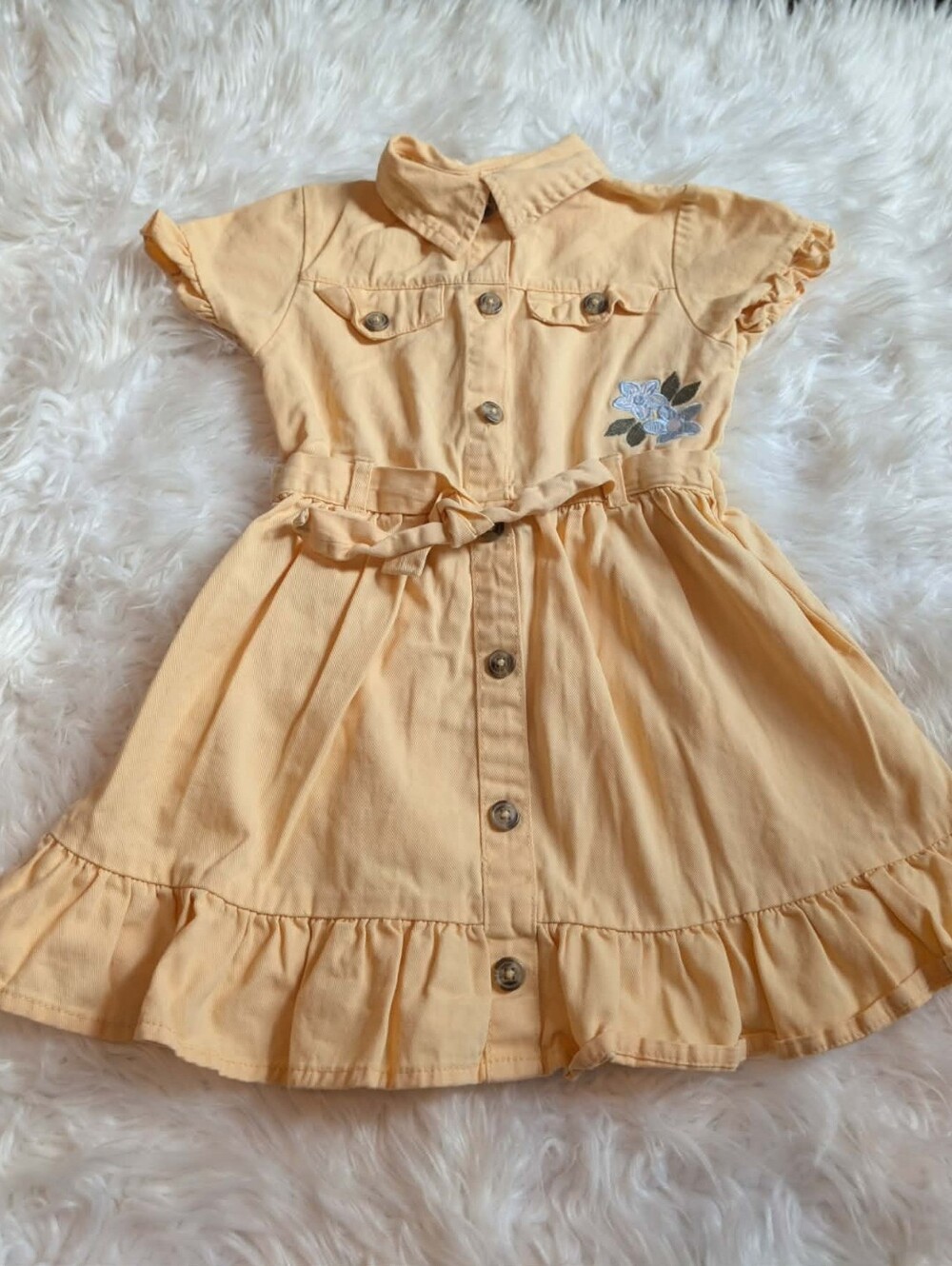 Little Lass Peach Button-Front Dress with Floral Detail